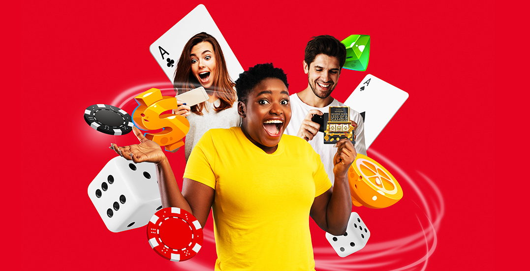 Image: Female in a yellow top smiling in front of a play card, dice and casino chips