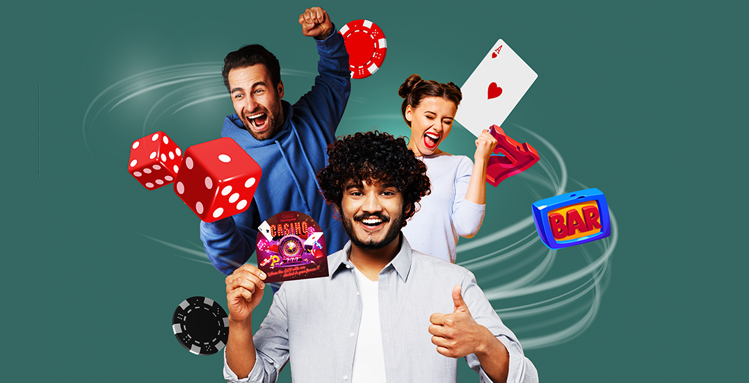 Img: Man with a thumbs up holding gaming mail for a casino with dic rollings beside him