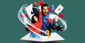 Image: Man and a women with playing cards and casino chips